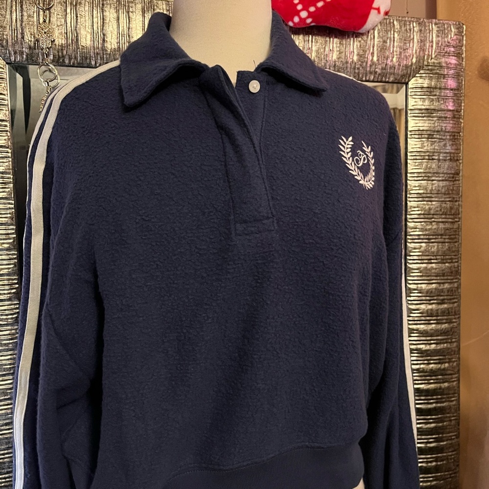 Navy Blue Polo Sweatshirt with White Stripes